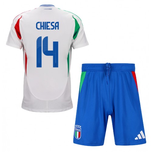 Fotballdrakt Barn Italia Federico Chiesa #14 Bortedraktsett EM 2024 Kortermet (+ Korte bukser)